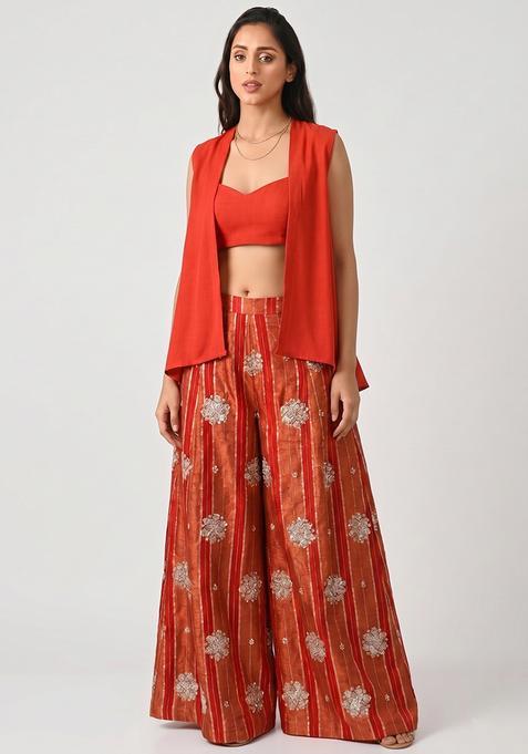 Red Embroidered Silk Blend Sharara Set