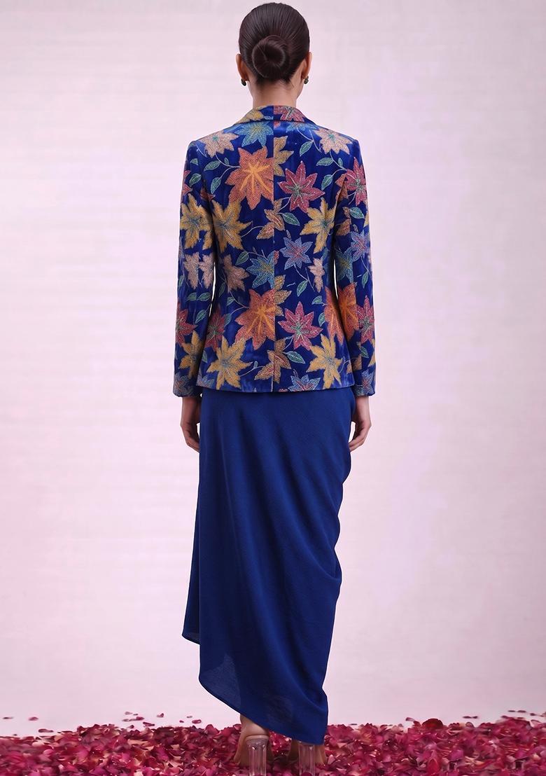 Royal Blue Printed Crepe Fusion Set - Indya