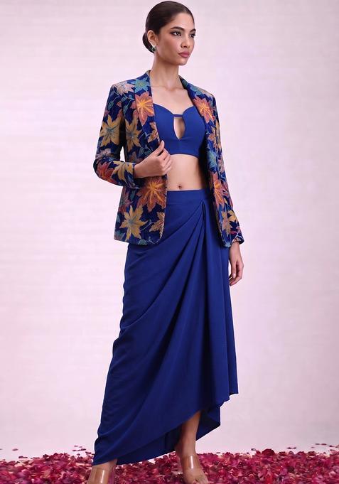 Royal Blue Embroidered Velvet Fusion Set
