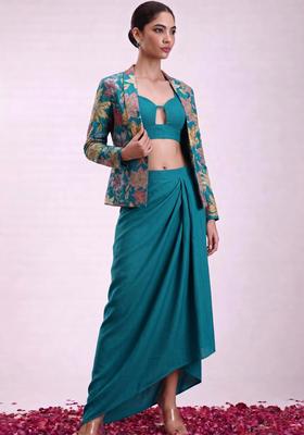 Teal Printed Crepe Fusion Set