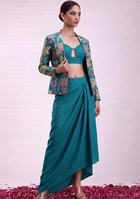 Teal Embroidered Handwork Silk Blend Fusion Set