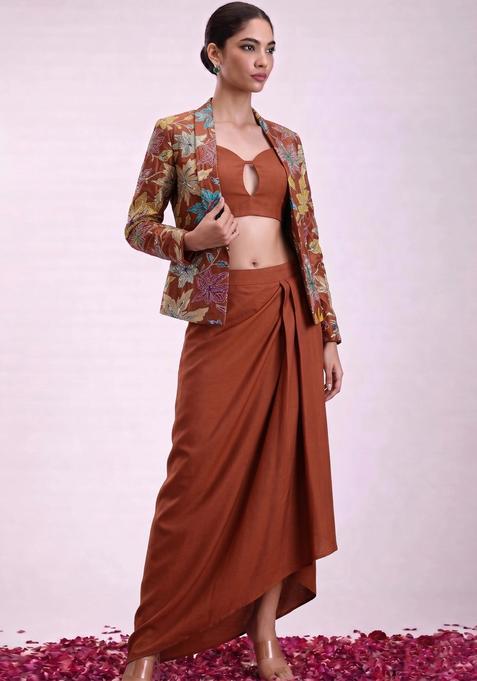 Rust Embroidered Handwork Silk Blend Fusion Set