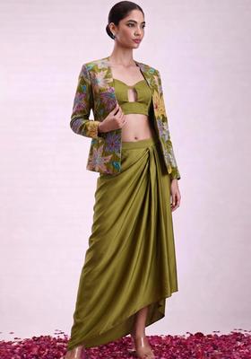 Olive Green Printed Crepe Fusion Set