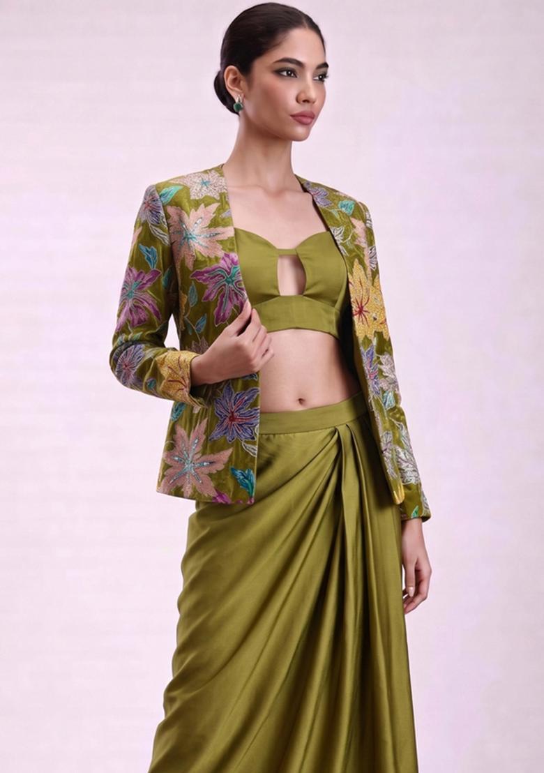 Olive Green Printed Crepe Fusion Set - Indya