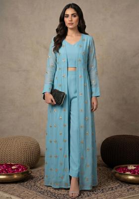 Sky Blue Embellished Georgette Fusion Set