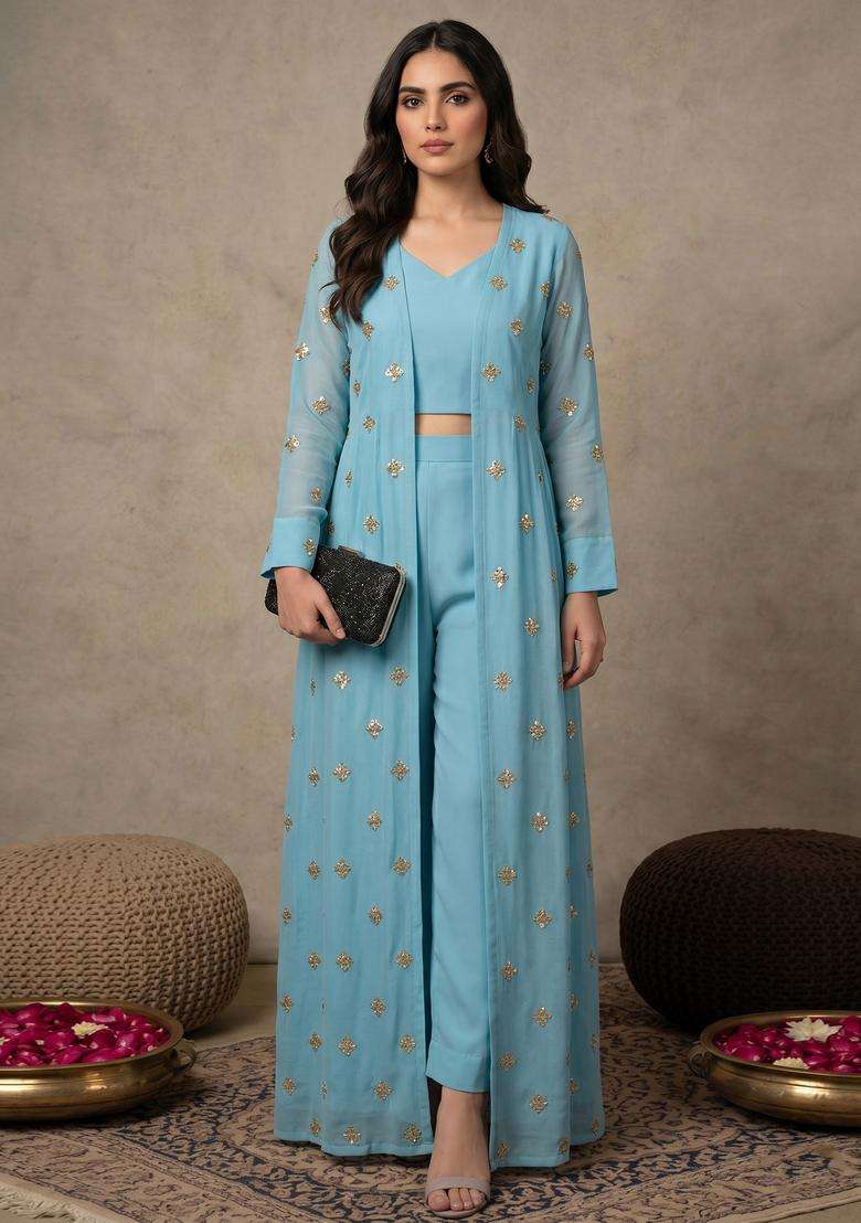 Sky Blue Embellished Georgette Fusion Set for Diwali | Wedding & Festive Wear - Indya