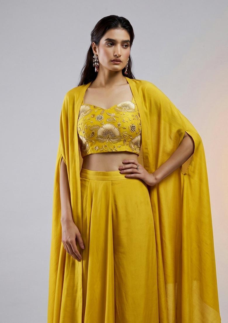 Mustard Printed Organza Fusion Set - Indya