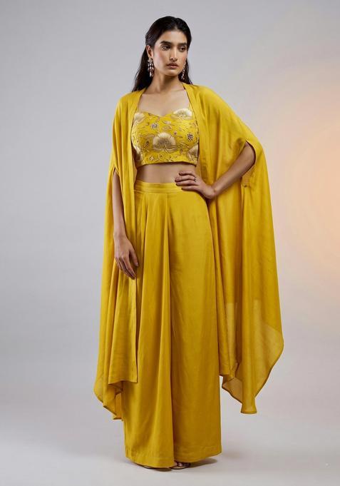 Mustard Embroidered Handwork Silk Blend Fusion Set