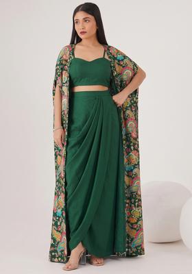 Bottle Green Embroidered Crepe Fusion Set
