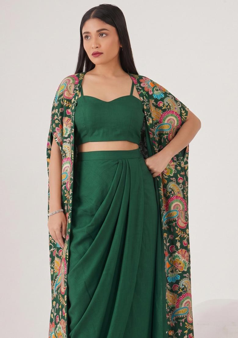 Bottle Green Embroidered Crepe Fusion Set - Indya