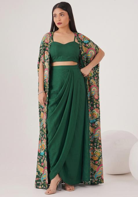 Bottle Green Embroidered Handwork Silk Blend Fusion Set