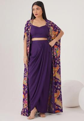 Purple Embroidered Crepe Fusion Set