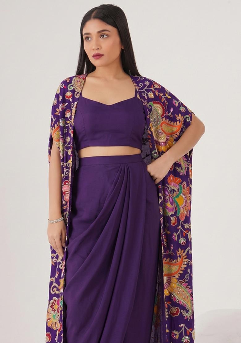 Purple Embroidered Crepe Fusion Set - Indya