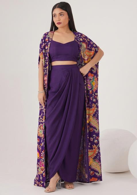 Purple Embroidered Handwork Crepe Fusion Set
