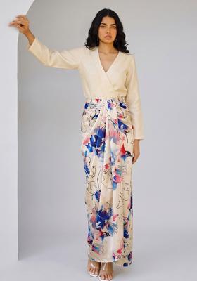 Beige Printed Satin Fusion Set
