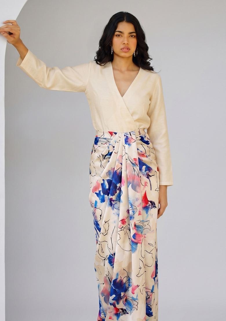 Beige Printed Satin Fusion Set - Indya