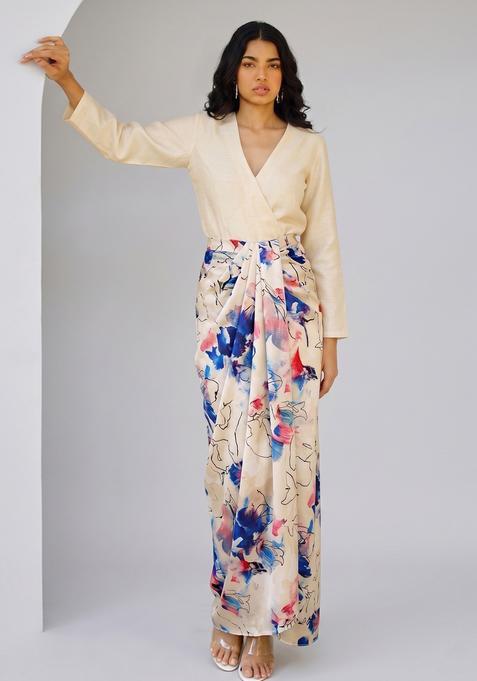 Beige Printed Satin Fusion Set