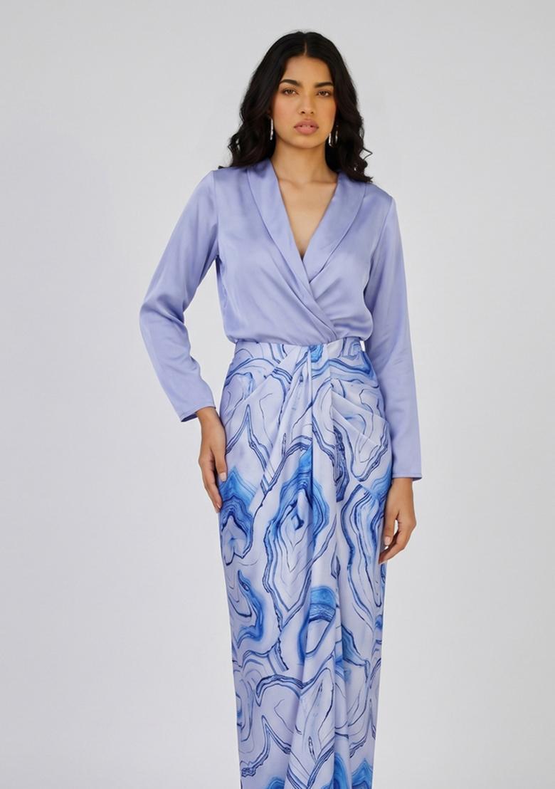 Periwinkle Blue Printed Satin Fusion Set - Indya