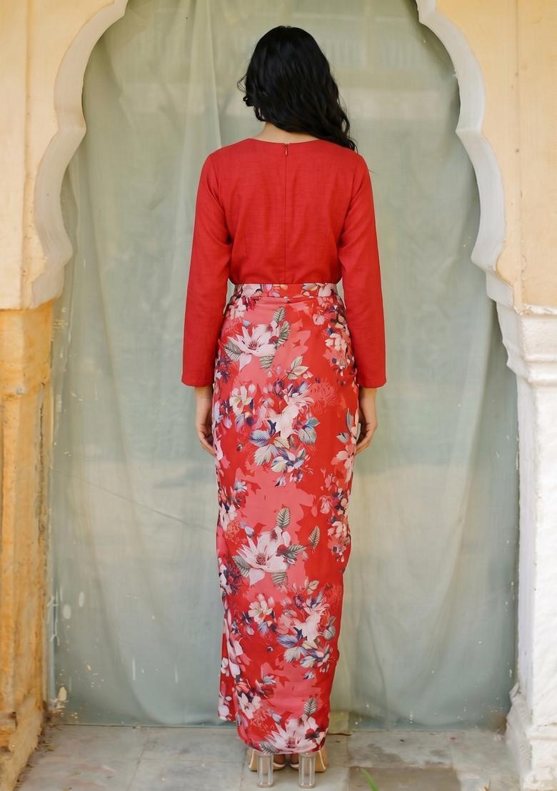 Red Printed Satin Fusion Set - Indya