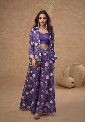 Deep Purple Printed Chinon Fusion Set