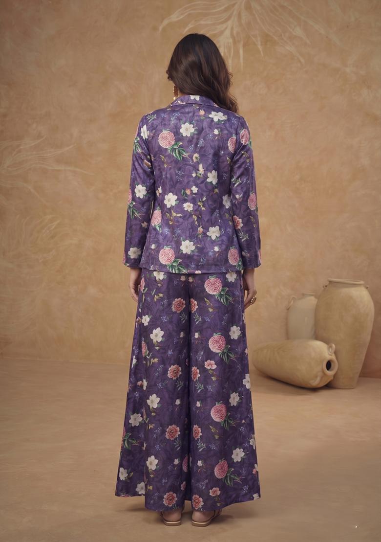Deep Purple Printed Chinon Fusion Set - Indya