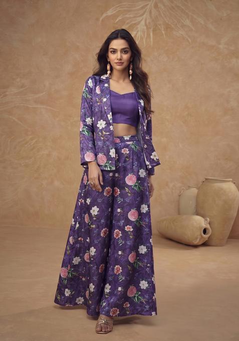 Deep Purple Floral Print Silk Blend Fusion Set