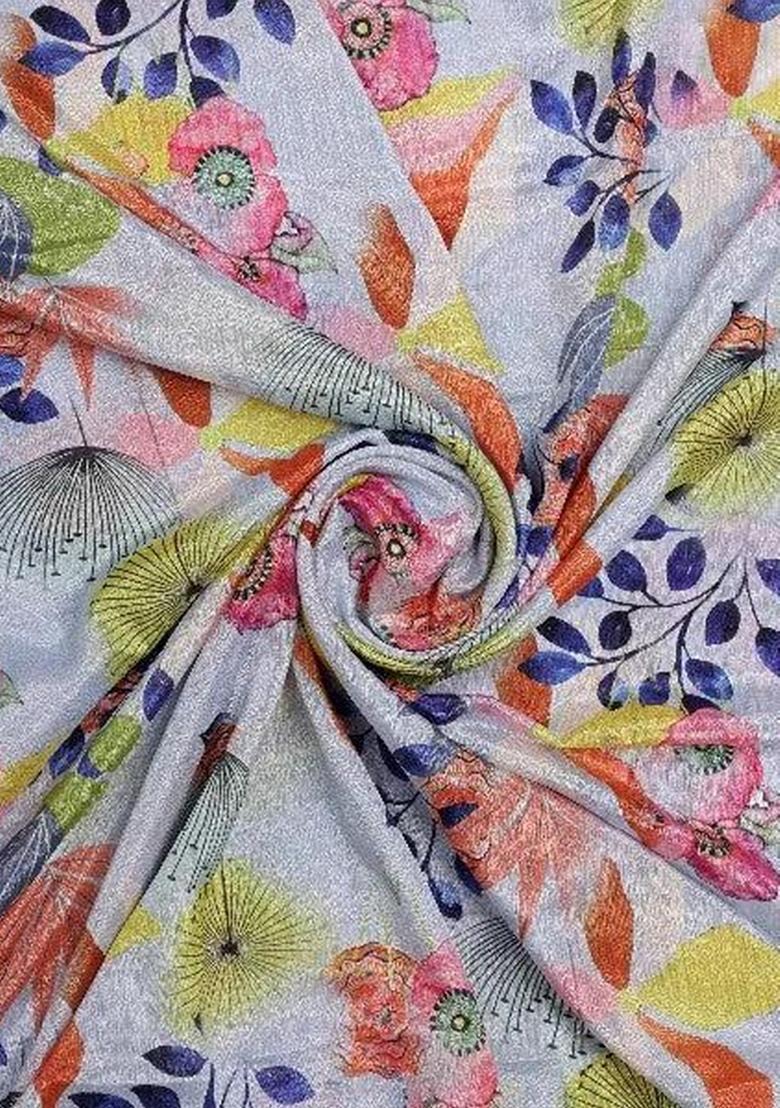 Light Blue Multi Floral Printed Chinon Fusion Set - Indya