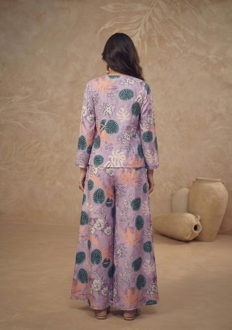 Lavender Printed Chinon Fusion Set - Indya