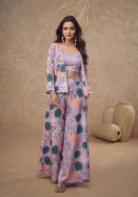 Lavender Floral Print Silk Blend Fusion Set