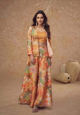Golden Orange Printed Chinon Fusion Set