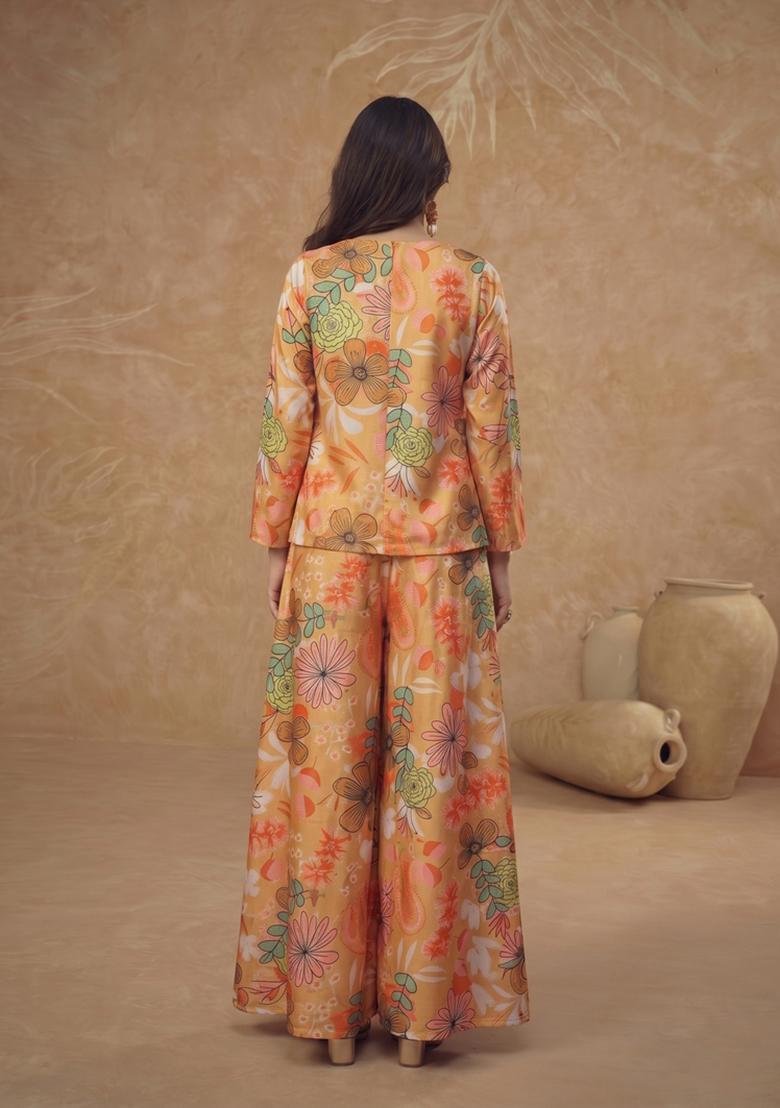 Golden Orange Printed Chinon Fusion Set - Indya