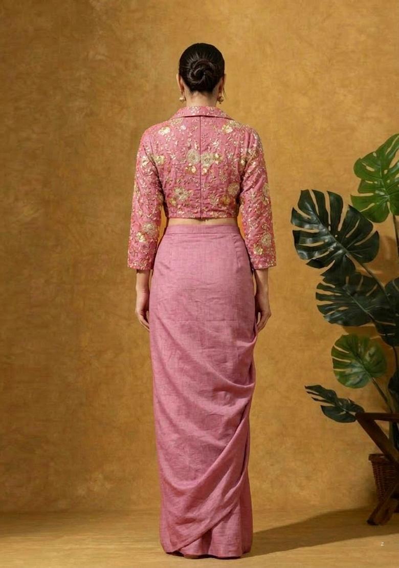 Onion Pink Embroidered Tissue Fusion Set - Indya