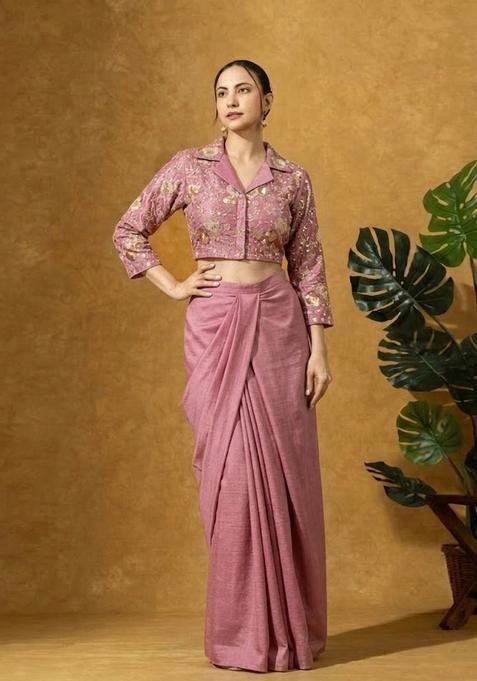 Onion Pink Embroidered Handwork Silk Blend Fusion Set