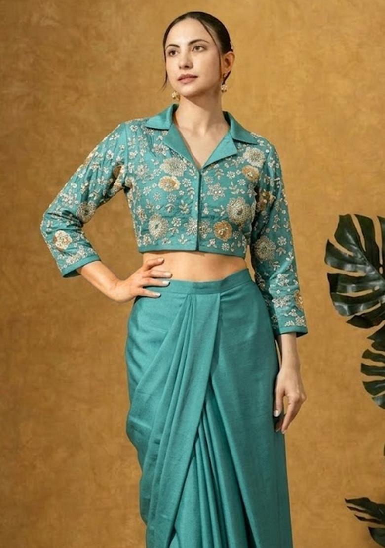 Teal Embroidered Tissue Fusion Set - Indya