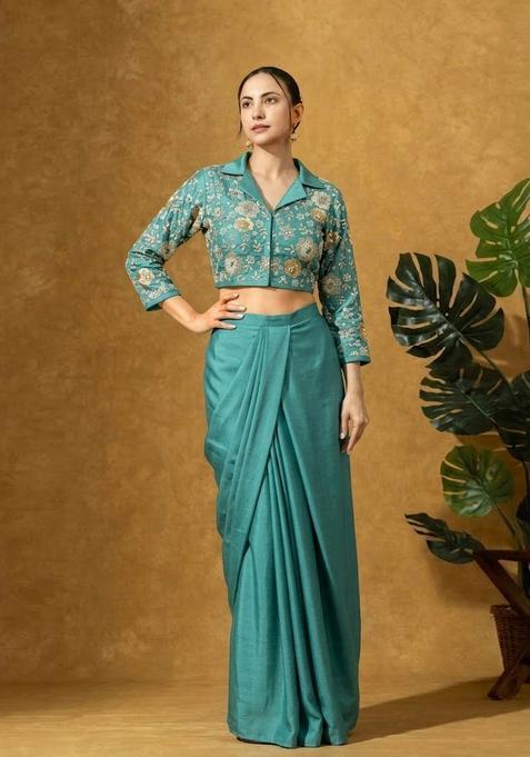 Teal Embroidered Handwork Silk Blend Fusion Set