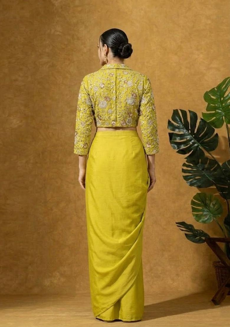 Lime Green Embroidered Tissue Fusion Set - Indya