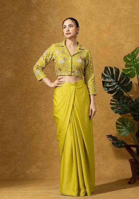 Lime Green Embroidered Handwork Silk Blend Fusion Set