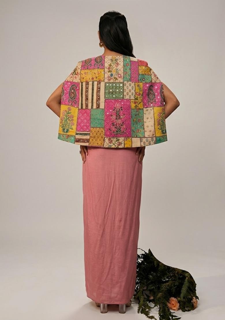 Onion Pink Mirror Work Chinon Fusion Set - Indya