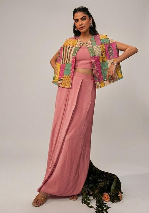 Onion Pink Mirror Work Crepe Fusion Set