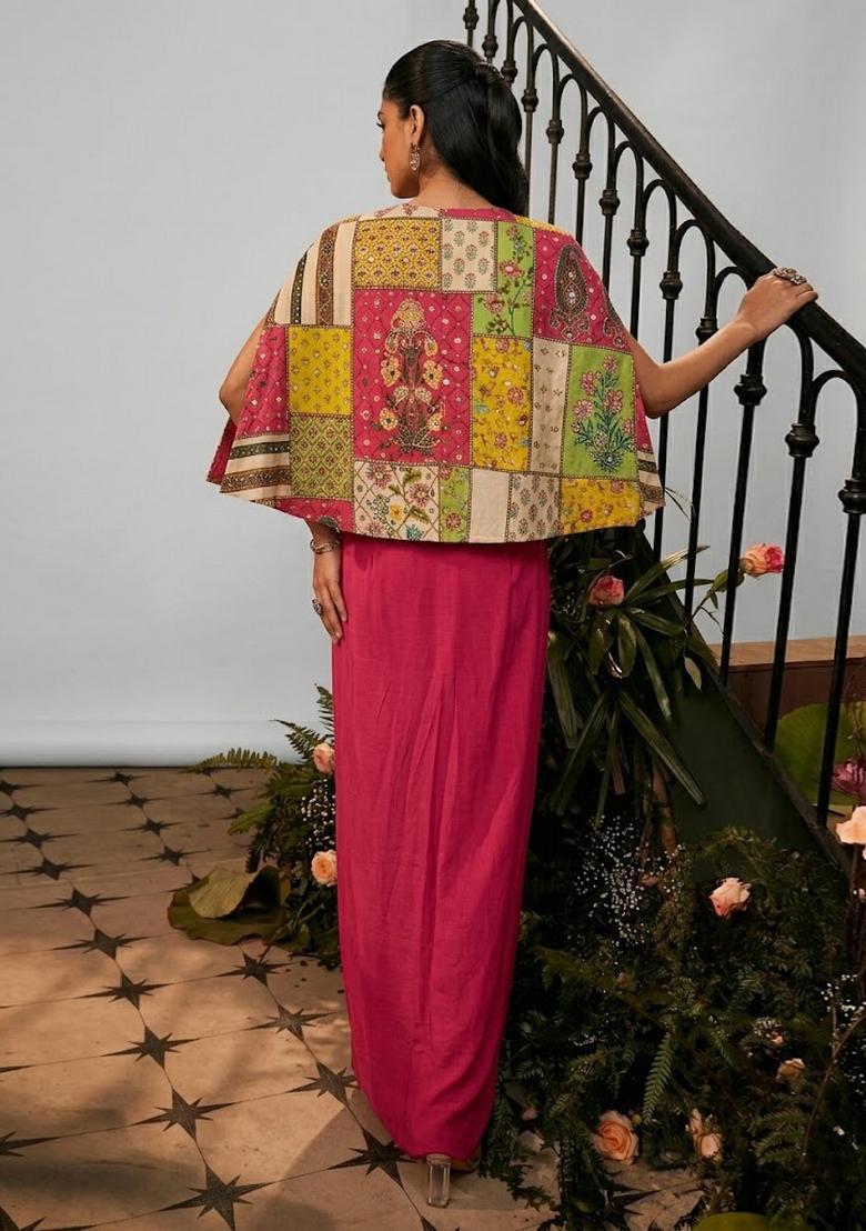 Rani Pink Mirror Work Chinon Fusion Set - Indya