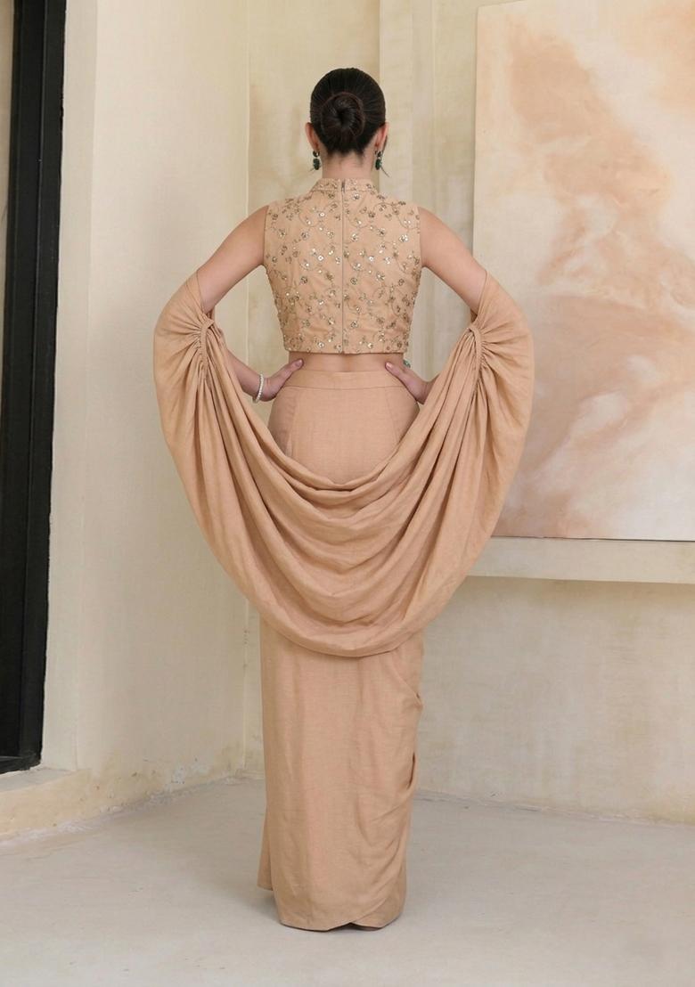 Light Brown Embellished Crepe Fusion Set - Indya