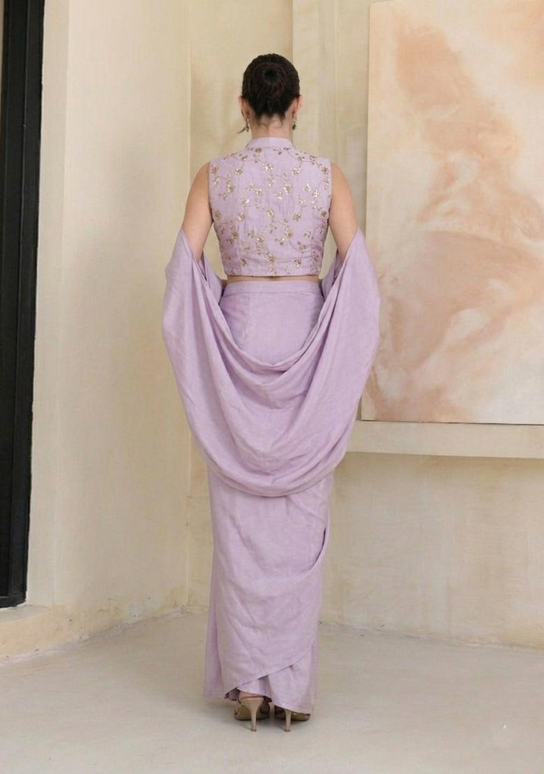 Lilac Floral Embroidered Crepe Fusion Set - Indya