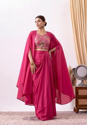 Magenta Floral Embroidered Crepe Fusion Set