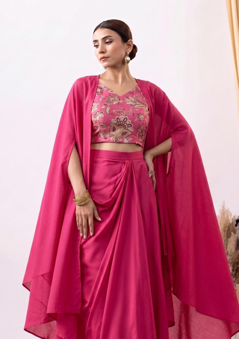 Magenta Floral Embroidered Crepe Fusion Set - Indya