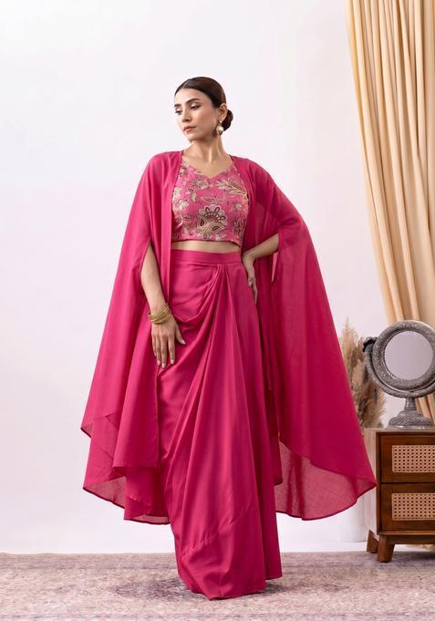 Magenta Floral Embroidered Silk Blend Pre Draped Saree Set