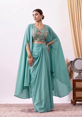Teal Floral Embroidered Crepe Fusion Set