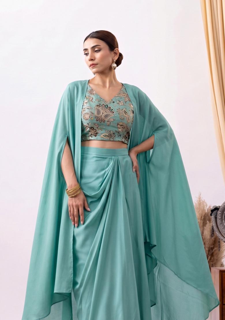 Teal Floral Embroidered Crepe Fusion Set - Indya