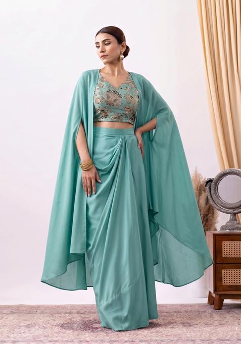 Light Blue Floral Embroidered Silk Blend Pre Draped Saree Set