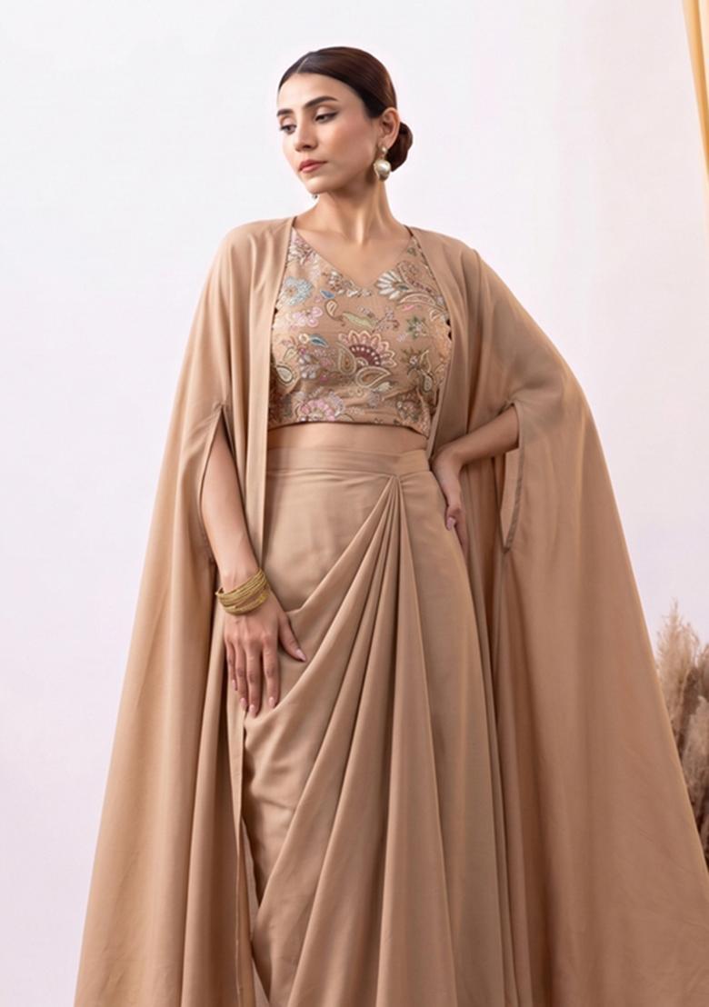 Light Brown Floral Embroidered Crepe Fusion Set - Indya