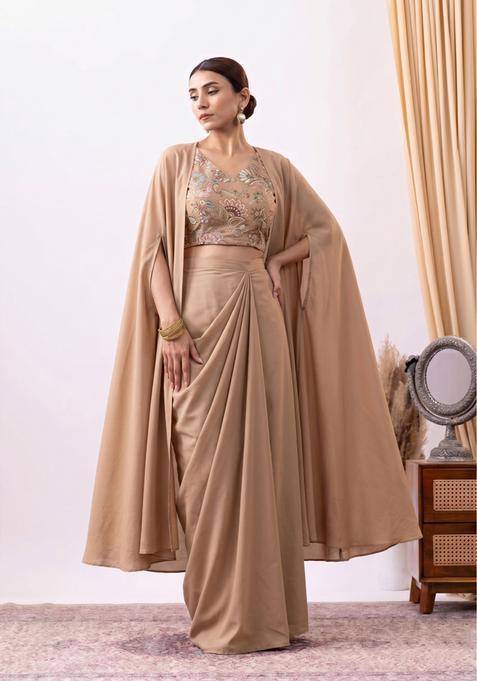 Light Brown Floral Embroidered Silk Blend Fusion Set